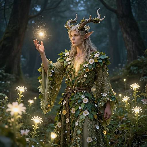 Fantasy photograph of a white-haired, elven woman with antler-like horns, wearing a leafy, flower-adorned dress, holding a