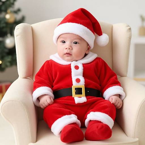 Photograph of a baby in a red Santa outfit with white trim, black belt, and hat, sitting in a cream armchair. Christmas tree in