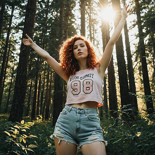 Young Woman in Sunlit Forest
