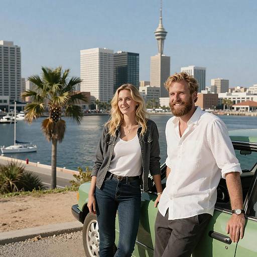 Couple by Green Car on Cliff