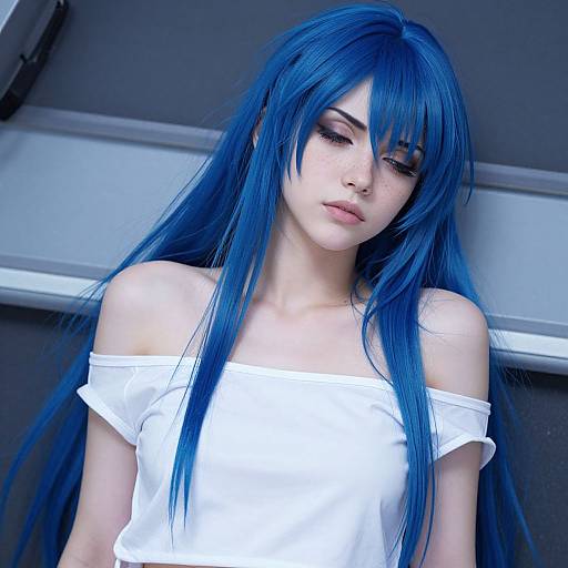 Photograph of a pale-skinned woman with long, vibrant blue hair, wearing an off-shoulder white top, looking down with a soft expression