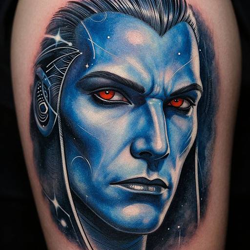 Vibrant tattoo of a blue-skinned, stern-faced man with red eyes, starry patterns, and white hair, inspired by Marvel's Blue
