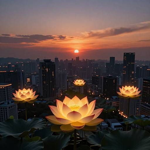 Photograph of a sunset cityscape with glowing, illuminated lotus flowers in the foreground, silhouetted skyscrapers in the background, and