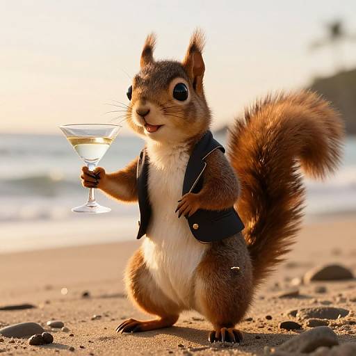 Photograph of an anthropomorphic squirrel in a black vest, holding a martini glass, standing on a sandy beach with blurred ocean background.