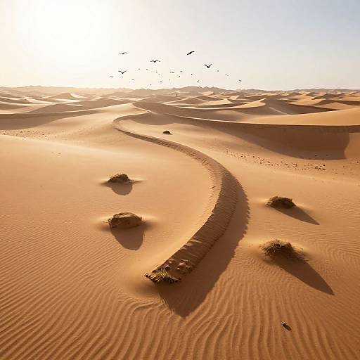 Photograph of a sunlit desert with rippled sand, a winding camel track, scattered sand mounds, and distant flying birds under a bright blue