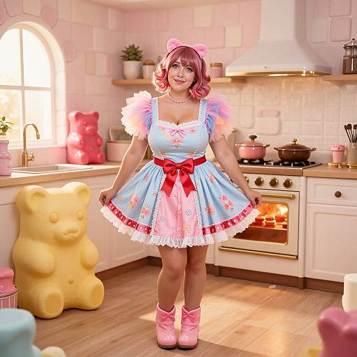 Digital artwork of a cute, pink-haired woman in a blue, frilled, puffed-sleeve dress with red bow, pink boots, in