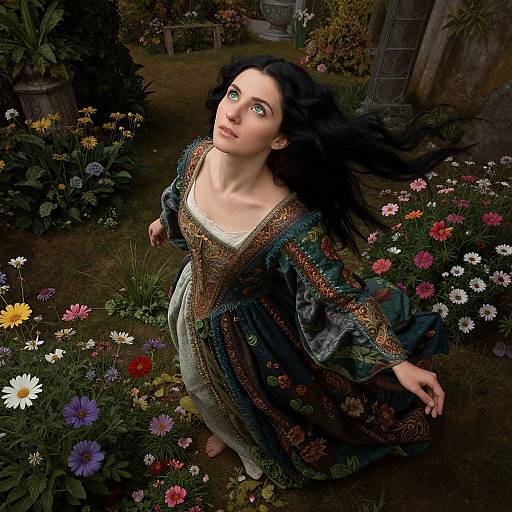 Digital artwork of a fair-skinned woman with long black hair, wearing an ornate green dress, standing in a vibrant flower garden, gazing upward