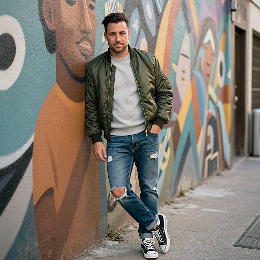 Photograph of a bearded man in a green bomber jacket, white sweater, and ripped jeans, leaning against a colorful graffiti wall.