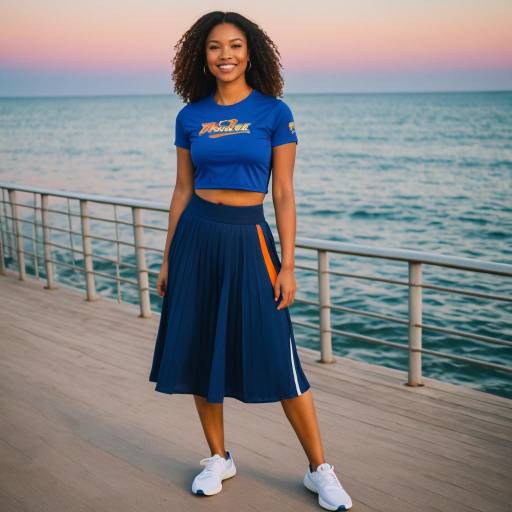 Young Woman in Cheerleader Outfit on Coastal Boardwalk