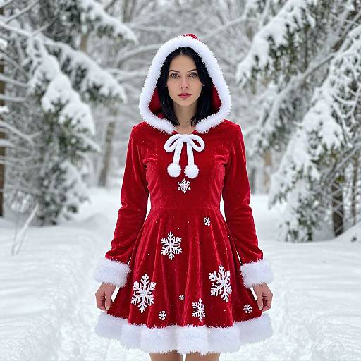 Photograph of a woman with fair skin and dark hair, wearing a red velvet Santa dress with white fur trim, standing in a snowy forest.