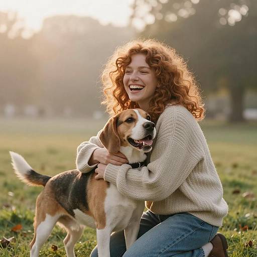 Joyful Woman and Dog in Morning Park