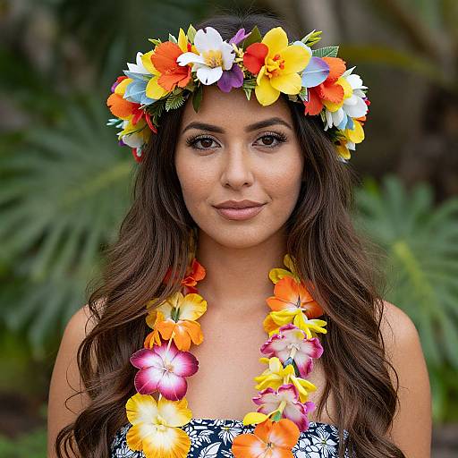 Photograph of a young woman with long brown hair, wearing a colorful floral headband and lei, standing against a green, tropical background.