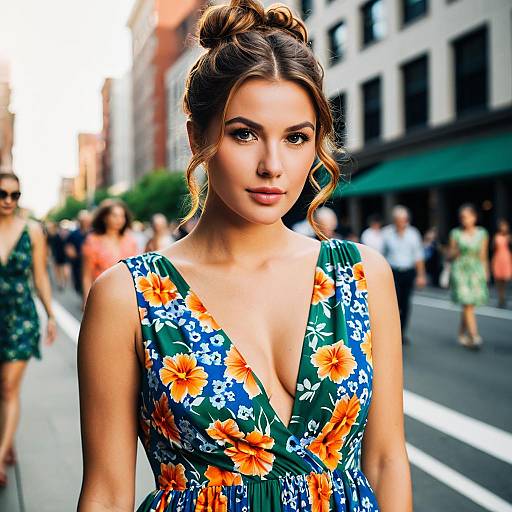 Young Woman in Blue Floral Dress on City Street