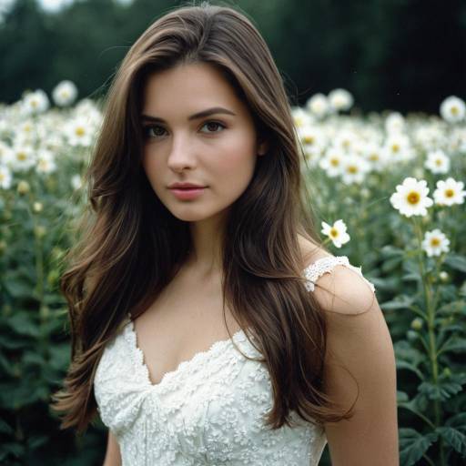 Young Woman in White Dress Among Daisy Flowers