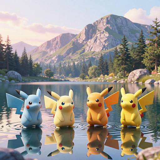 Photograph of four Pokémon (Pikachu and Raichu) standing in a reflective lake, mountainous forest background, clear blue sky, vibrant
