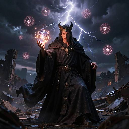 Magical sorcerer in dark robes with horned helmet, holding glowing orb, surrounded by magical symbols and lightning, in ruined cityscape. Digital fantasy