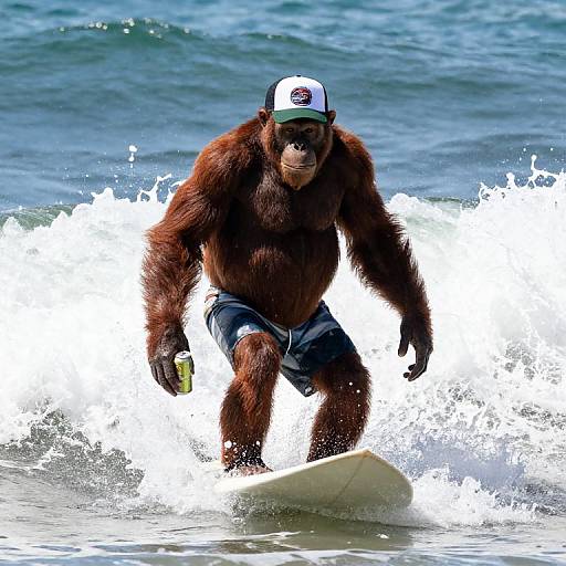 Photograph of a surfing orangutan with brown fur, wearing a white and green cap, blue shorts, and holding a yellow object, riding a wave