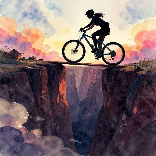 Silhouetted female cyclist on mountain bike jumps over deep canyon at sunset, with vibrant pink, orange, and blue clouds in background. Digital art