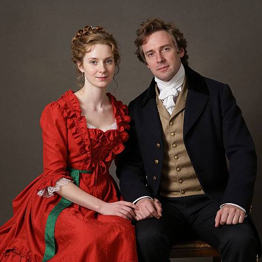 Photograph of a pale-skinned, brown-haired woman in a red dress with green sash and a fair-skinned, brown-haired man in a