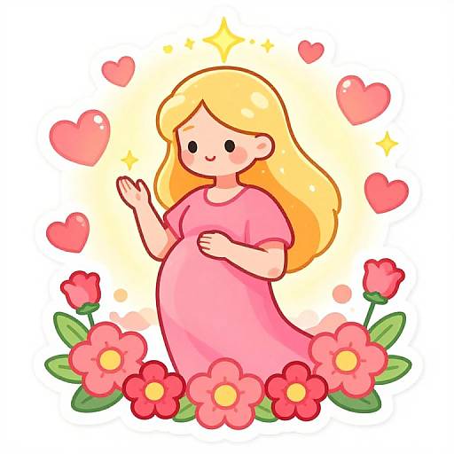 Digital cartoon of a pregnant blonde woman in a pink dress, surrounded by red flowers, hearts, and sparkles. She smiles and waves.