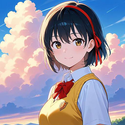 Anime School Girl with Red Ribbon in Sunset Sky