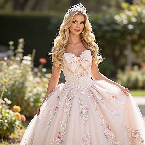 Photograph of a blonde woman with long curls, wearing a white floral princess gown and tiara, standing in a sunlit garden.