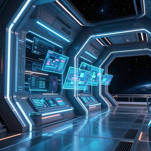 Digital CGI of a futuristic spaceship control room with neon blue-lit holographic screens floating in front of sleek, illuminated panels.
