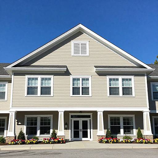Photograph of a two-story beige house with white trim, large windows, a central door, and colorful flower beds under a bright blue sky.