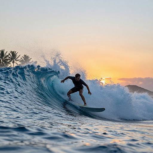 Surfers Gliding at Sunset Waves
