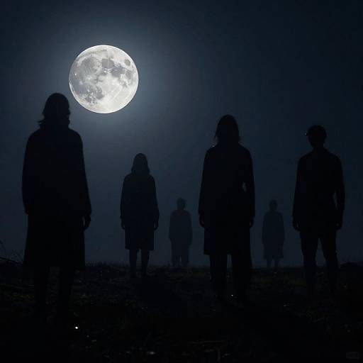 Silhouetted figures of six people standing under a bright full moon in a dark, foggy night sky, creating a mysterious, eerie atmosphere.