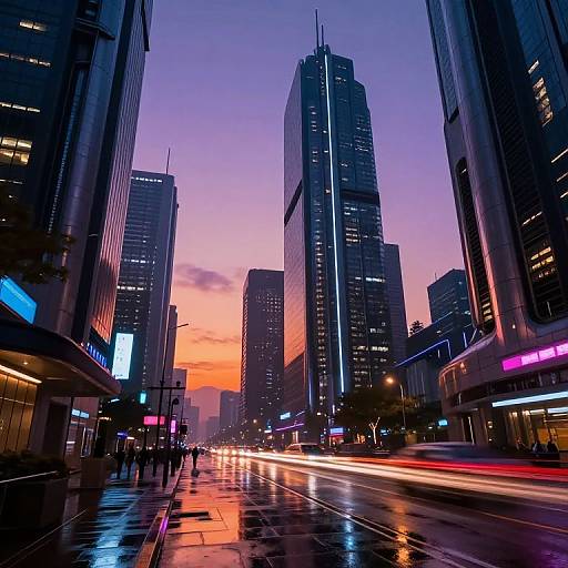 Photograph of a neon-lit, rainy cityscape at sunset, featuring tall skyscrapers with illuminated windows, vibrant orange and purple sky, and