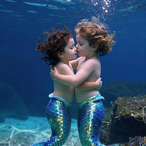 Photograph of two topless mermaid children with curly brown hair, blue and green sequined tails, underwater, kissing passionately, surrounded by dark blue