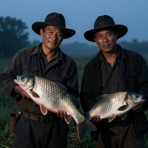 Two Men with Fish in Blue-Tinted Field