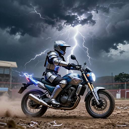Photorealistic digital art of a silver-suited motorcyclist in a lightning storm, riding a blue-lit motorcycle on dusty ground.