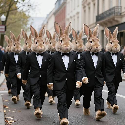 Photograph of a parade featuring multiple anthropomorphic rabbits in black tuxedos and white shirts, walking in a straight line down an urban street with