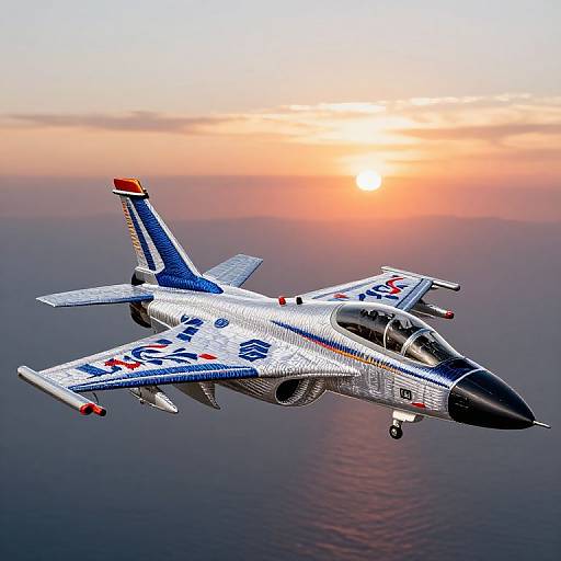 Photograph of a silver F-14 Tomcat jet with blue and red markings flying above a sunset over a calm ocean.