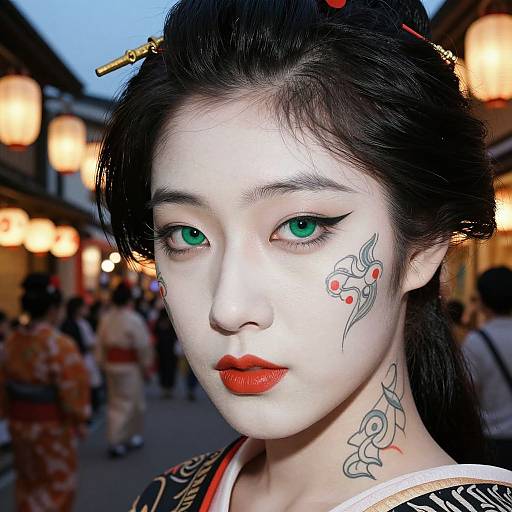 Photograph of an Asian woman with white face paint, green eyes, red lipstick, black hair in a traditional updo, intricate facial tattoos, and