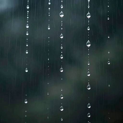 Photograph of raindrops on a dark, blurred background. Vertical lines of clear, glistening water droplets contrast against a deep blue and green bo