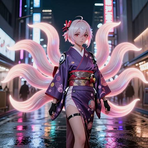Digital art of a white-haired anime girl with pink fox tails, wearing a purple kimono, standing in a neon-lit, rain-soaked street