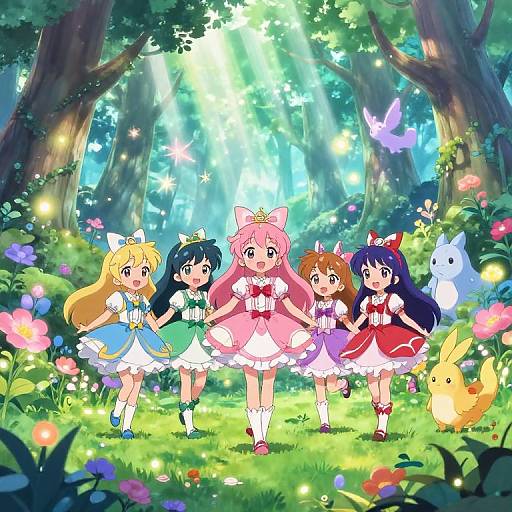 Anime-style illustration of five magical girls with colorful hair holding hands in a sunlit, enchanted forest, surrounded by glowing flowers and butterflies.