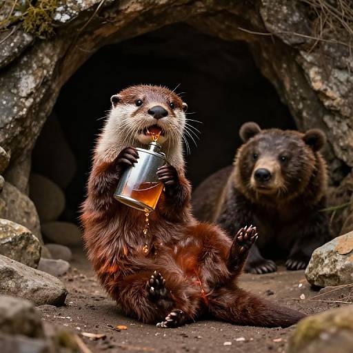 Photograph of a brown otter with a glass of amber liquid, sitting outside a dark cave, while a bear watches from inside. Moss-covered rocks