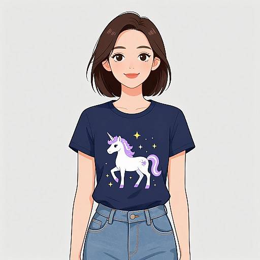 Anime-style digital drawing of a smiling Asian woman with shoulder-length brown hair, wearing a black unicorn t-shirt and blue jeans.