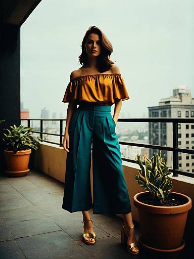 Woman in Off-Shoulder Blouse and High-Waisted Culottes on Rooftop