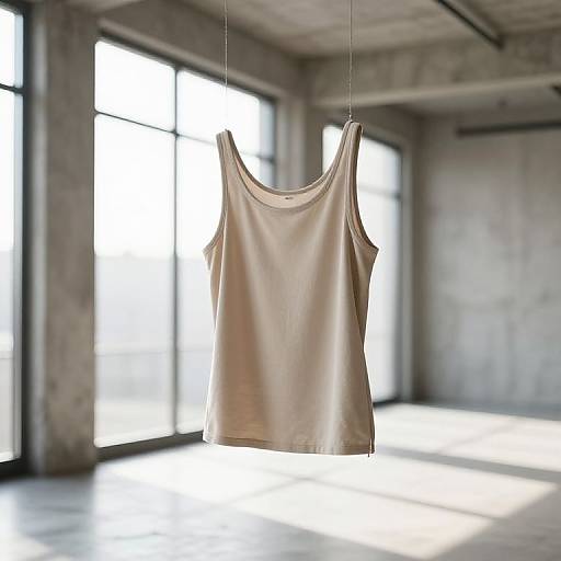 Photograph of a beige, sleeveless tank top hanging by thin strings in a sunlit, industrial-style room with large windows.