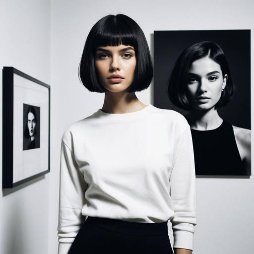 Fashion model with jaw-length bob in art gallery