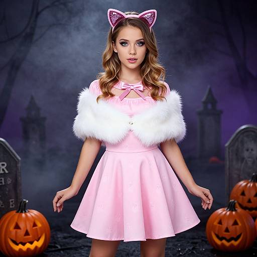 Photograph of a young woman in a pink dress with white fur trim, pink cat ear headband, standing in a spooky graveyard with jack-o'-
