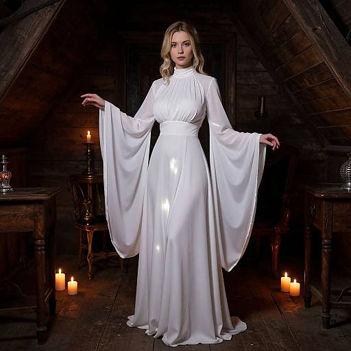 Photograph of a blonde woman in a white, long-sleeved, flowing gown with wide sleeves, standing in a dimly lit, wooden room