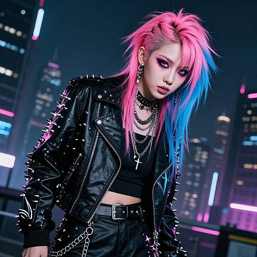 Photograph of a punk-rock woman with pink and blue dyed hair, black leather jacket, spiked accessories, city night background. Neon lights illuminate her