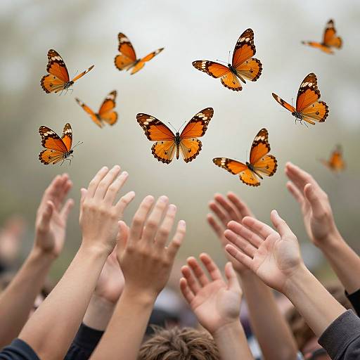 Orange Butterflies Over Human Hands