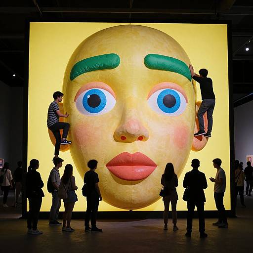 Photograph of a large, inflatable yellow face with blue eyes, green eyebrows, and red lips, with two men climbing it. Silhouetted